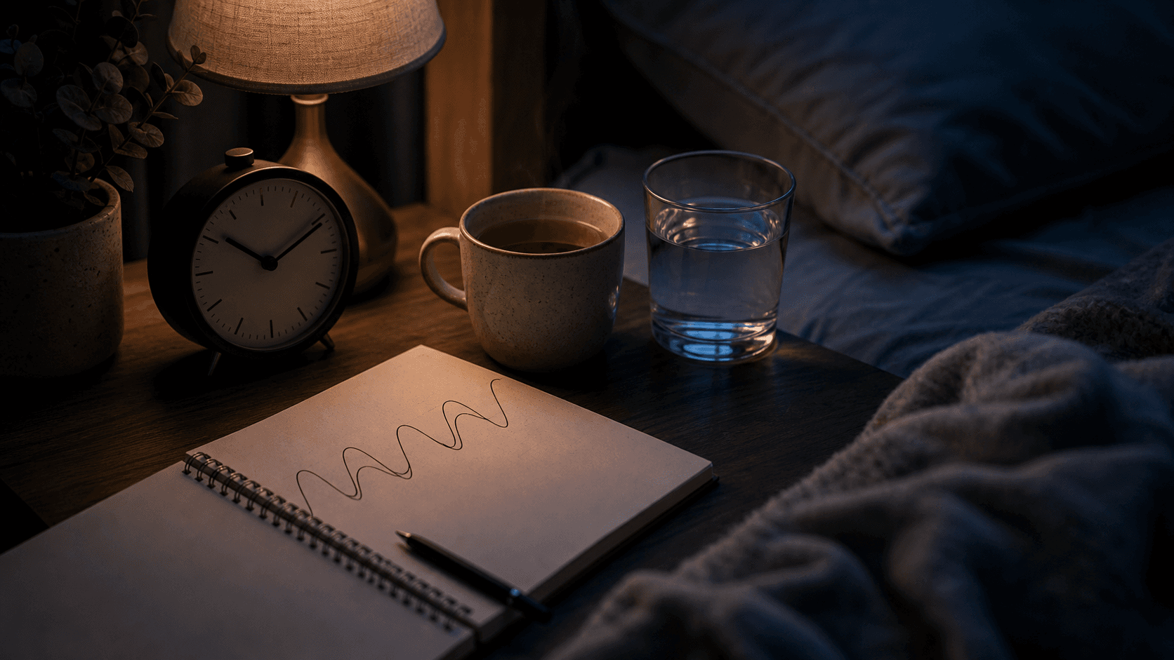 Nightstand with clock, tea, water, and breathing-wave notebook representing nighttime chest tightness