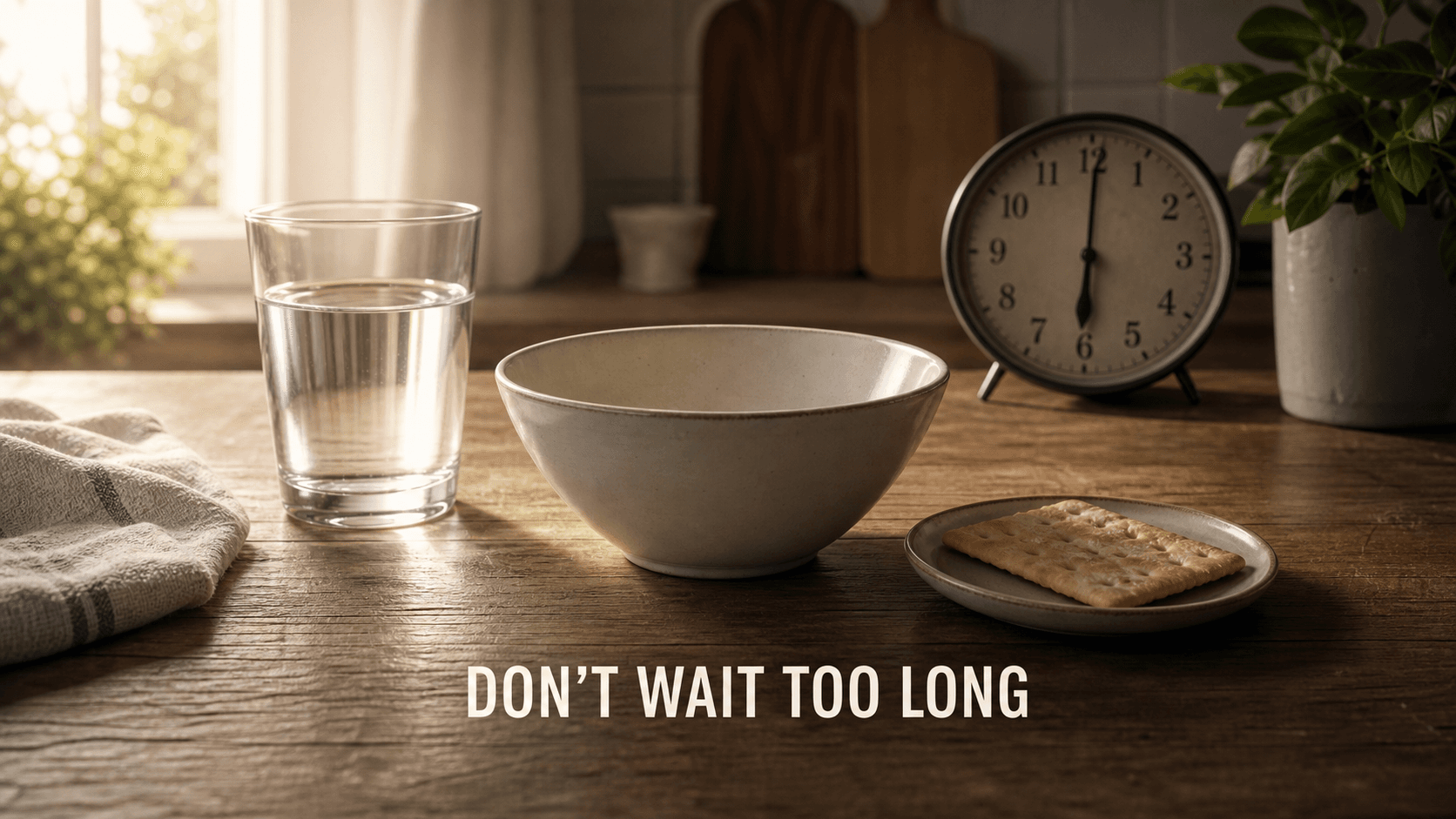 Morning kitchen table with water, a bowl, a cracker, and a clock showing the importance of not waiting too long to eat when nausea patterns are triggered by an empty stomach