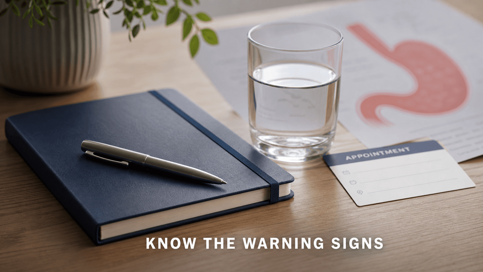 Notebook, appointment card, water glass, and stomach-health diagram representing symptom tracking and knowing when vomiting or reflux warning signs need medical review