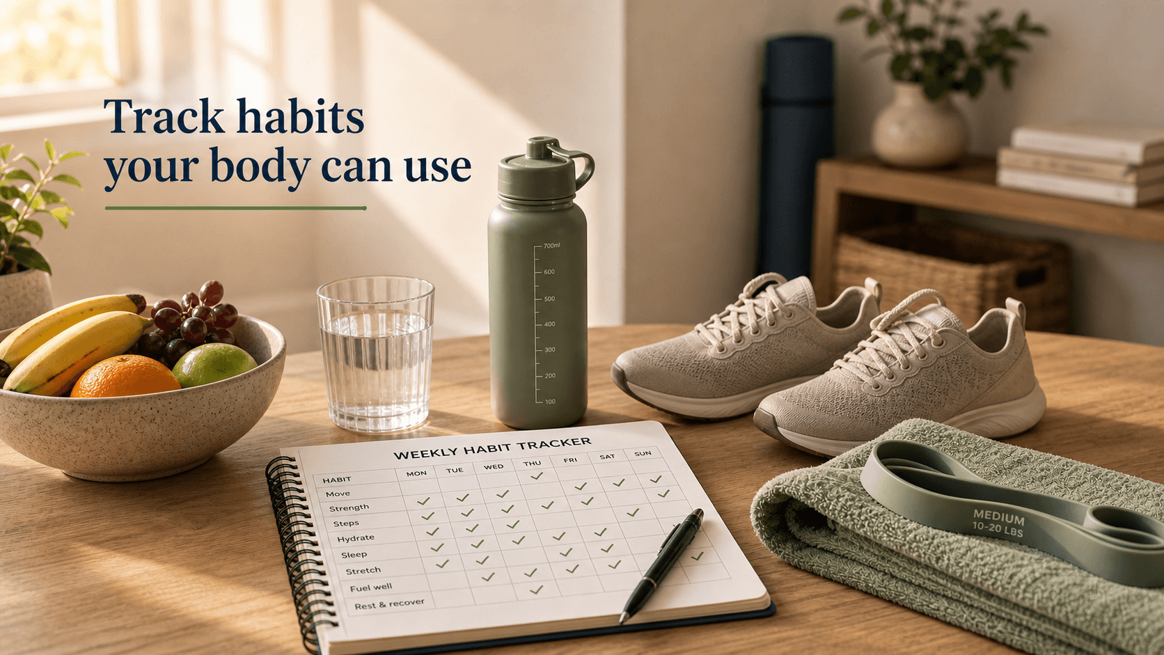 Weekly habit tracker, shoes, resistance band, water bottle, fruit bowl, and towel representing practical body-composition habits