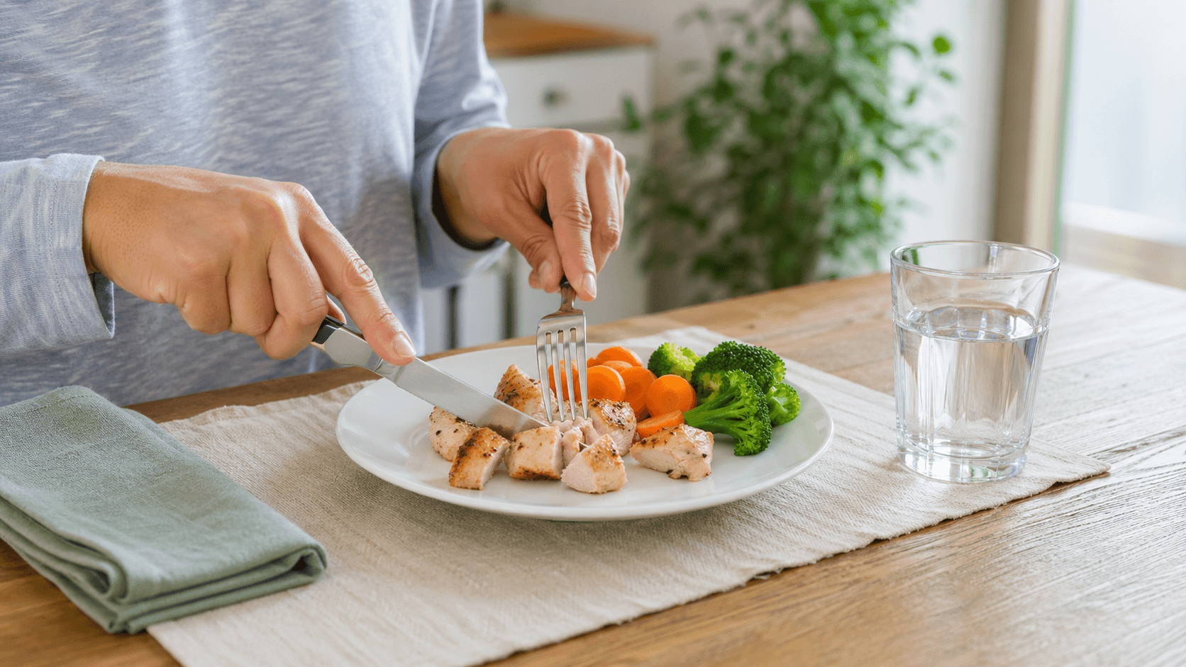 Hands cutting food into smaller pieces at a kitchen table as a calm safer eating habit