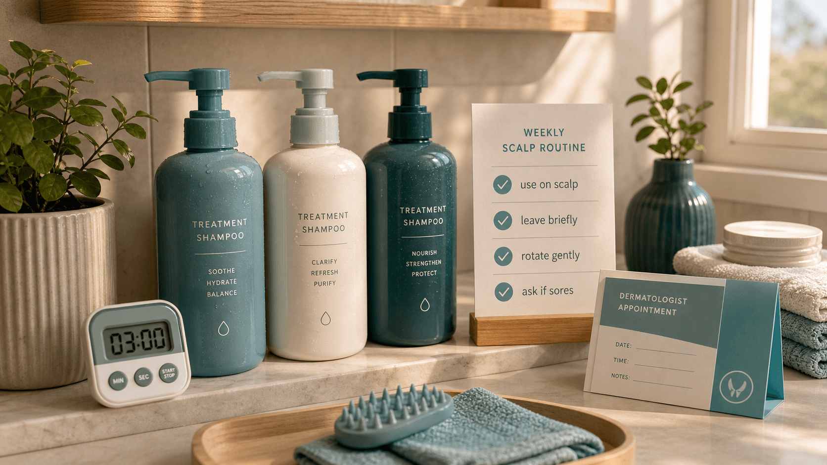 Bathroom shelf with generic treatment shampoo bottles, timer, weekly scalp routine card, and dermatologist appointment card