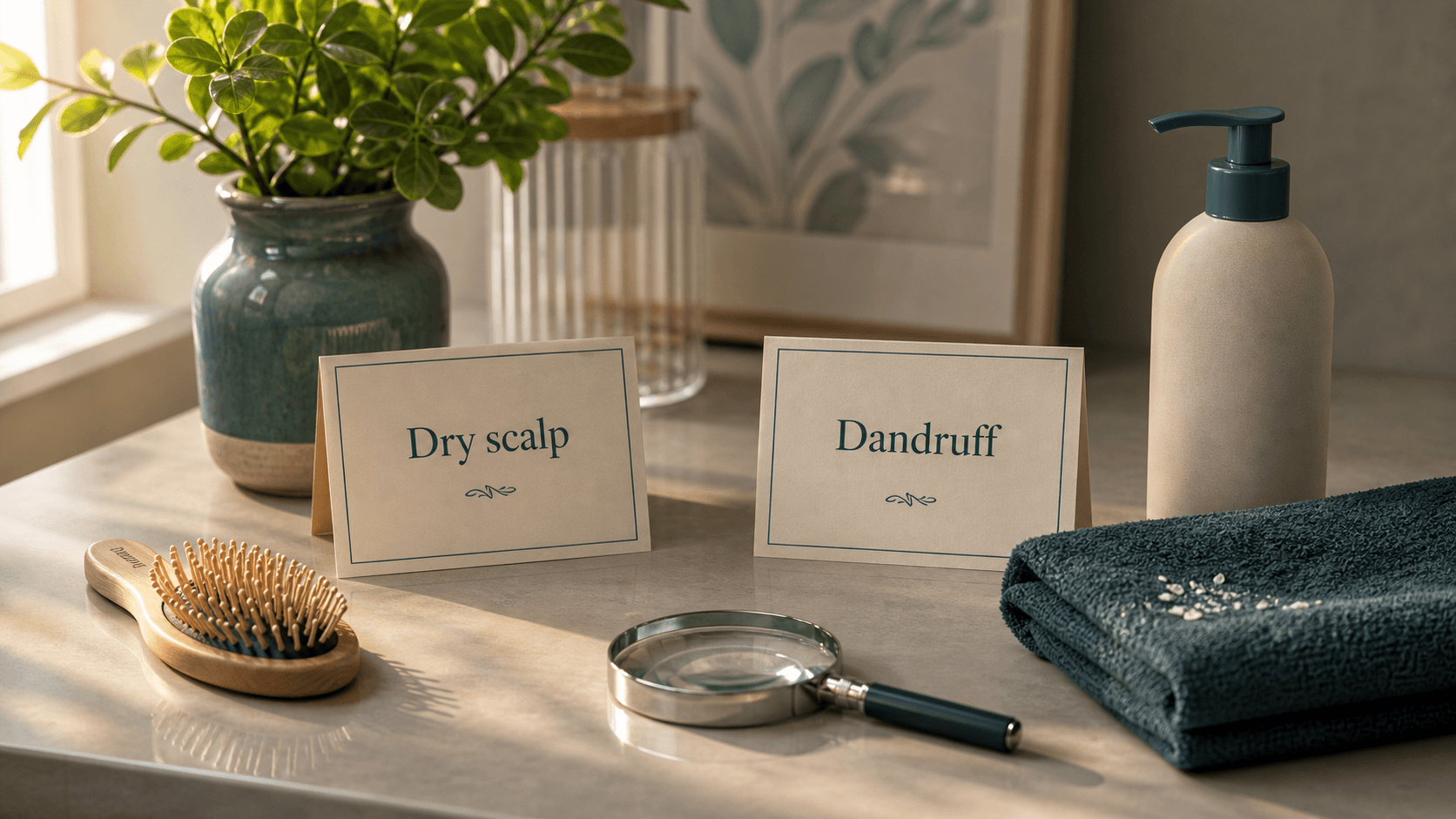 Bathroom counter with labeled cards for dry scalp and dandruff, a brush, towel, and scalp-care items