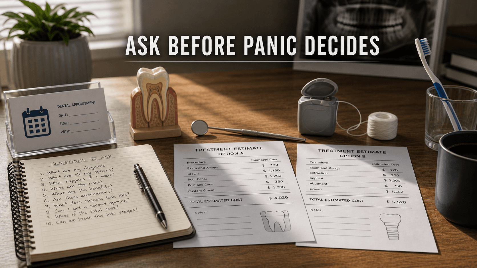 Dental consultation desk with treatment estimates, appointment card, floss, toothbrush, dental mirror, and question notebook representing second opinions and dental decision confidence