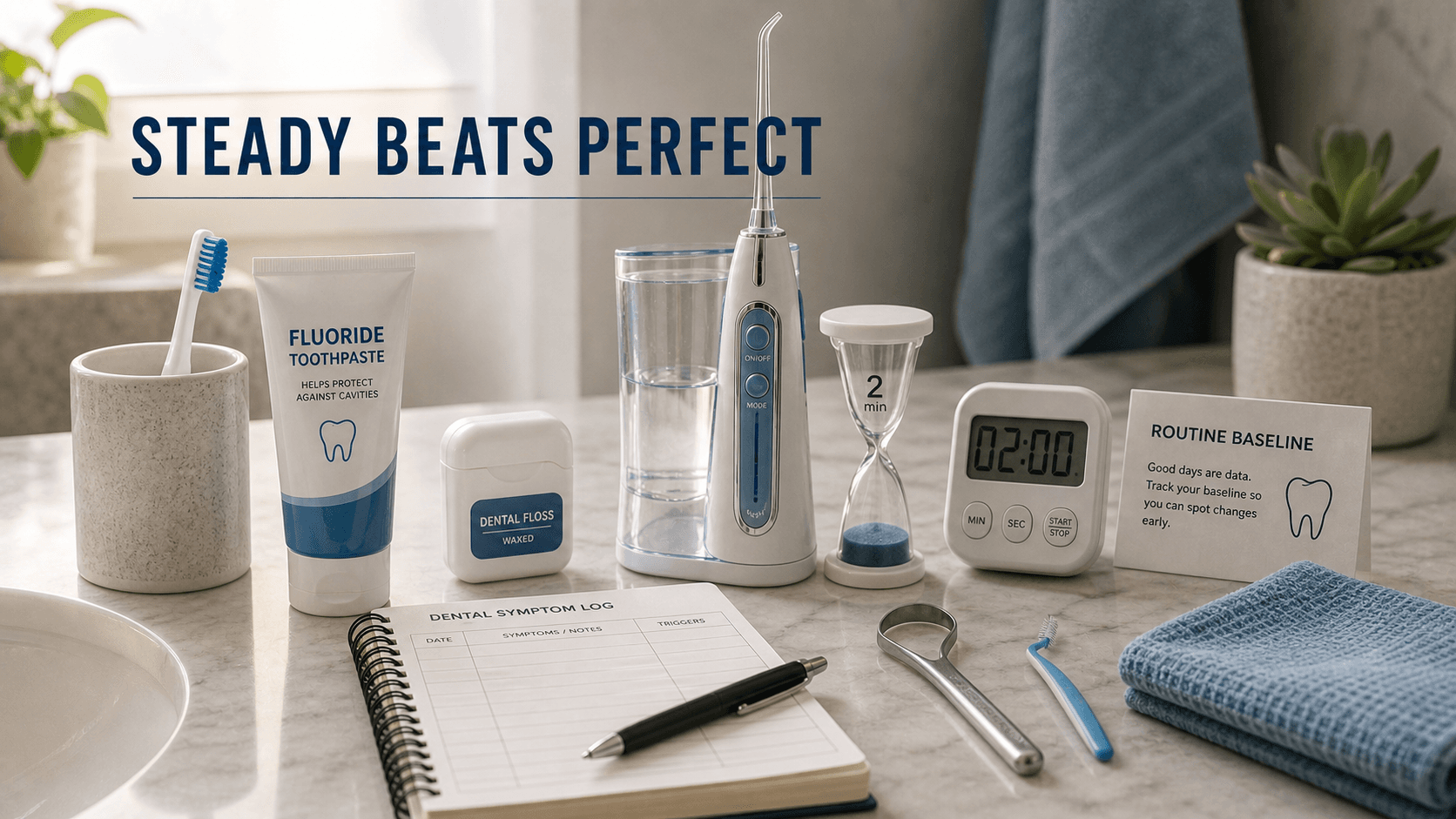 Bathroom counter with toothbrush, fluoride toothpaste, floss, water flosser, timer, and dental symptom log representing a sustainable oral care baseline