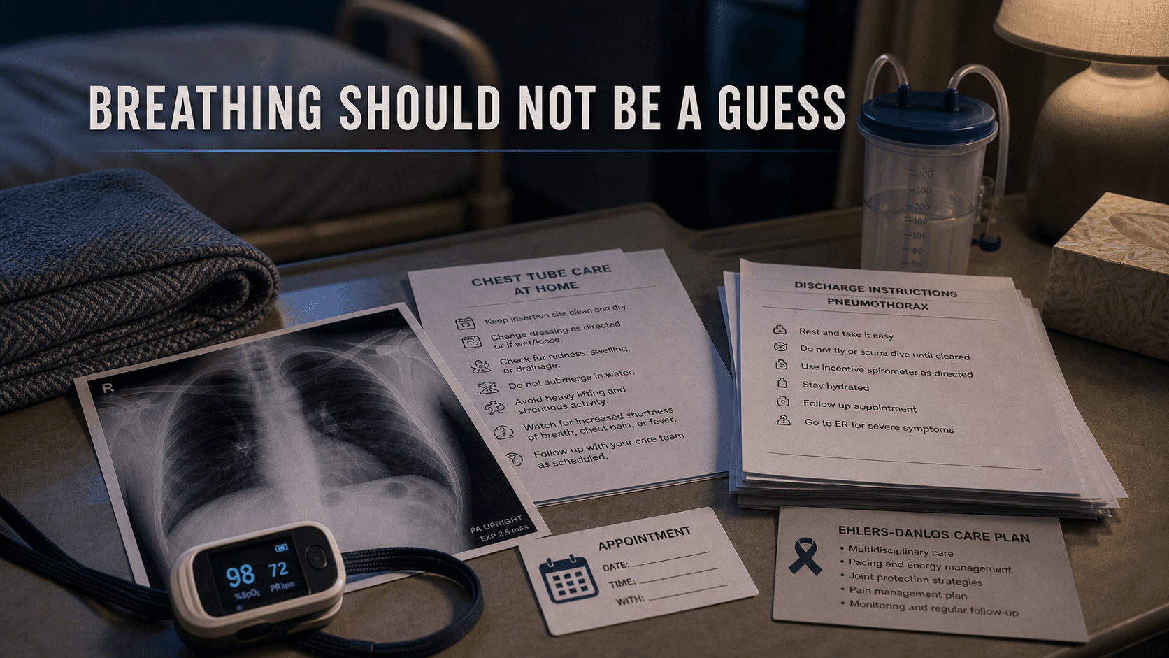Chest X-ray printout, pulse oximeter, chest tube care instructions, discharge papers, and Ehlers-Danlos care plan representing lung collapse follow-up