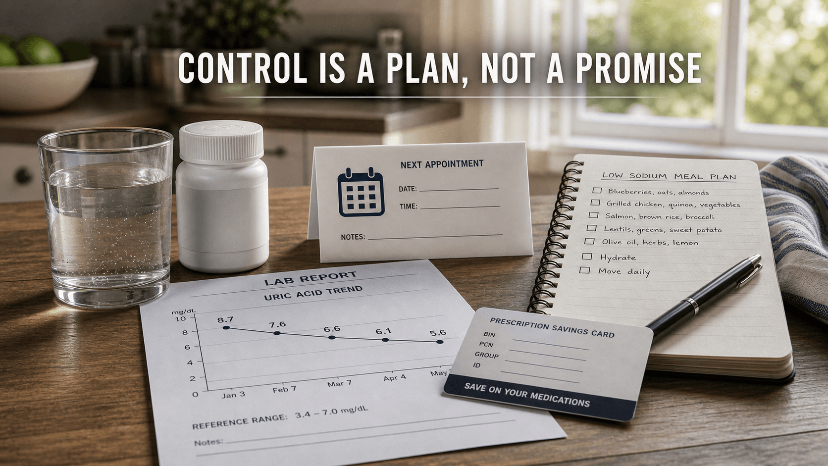 Lab report with uric acid trend, water glass, appointment card, prescription savings card, and meal planning notebook representing long-term gout management