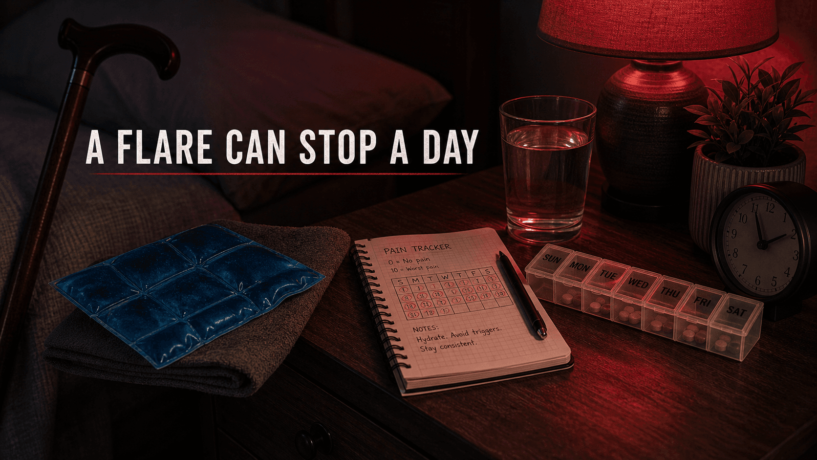 Bedside table with ice pack, cane, water glass, medication organizer, and pain tracking notebook representing how a gout flare can stop an ordinary day