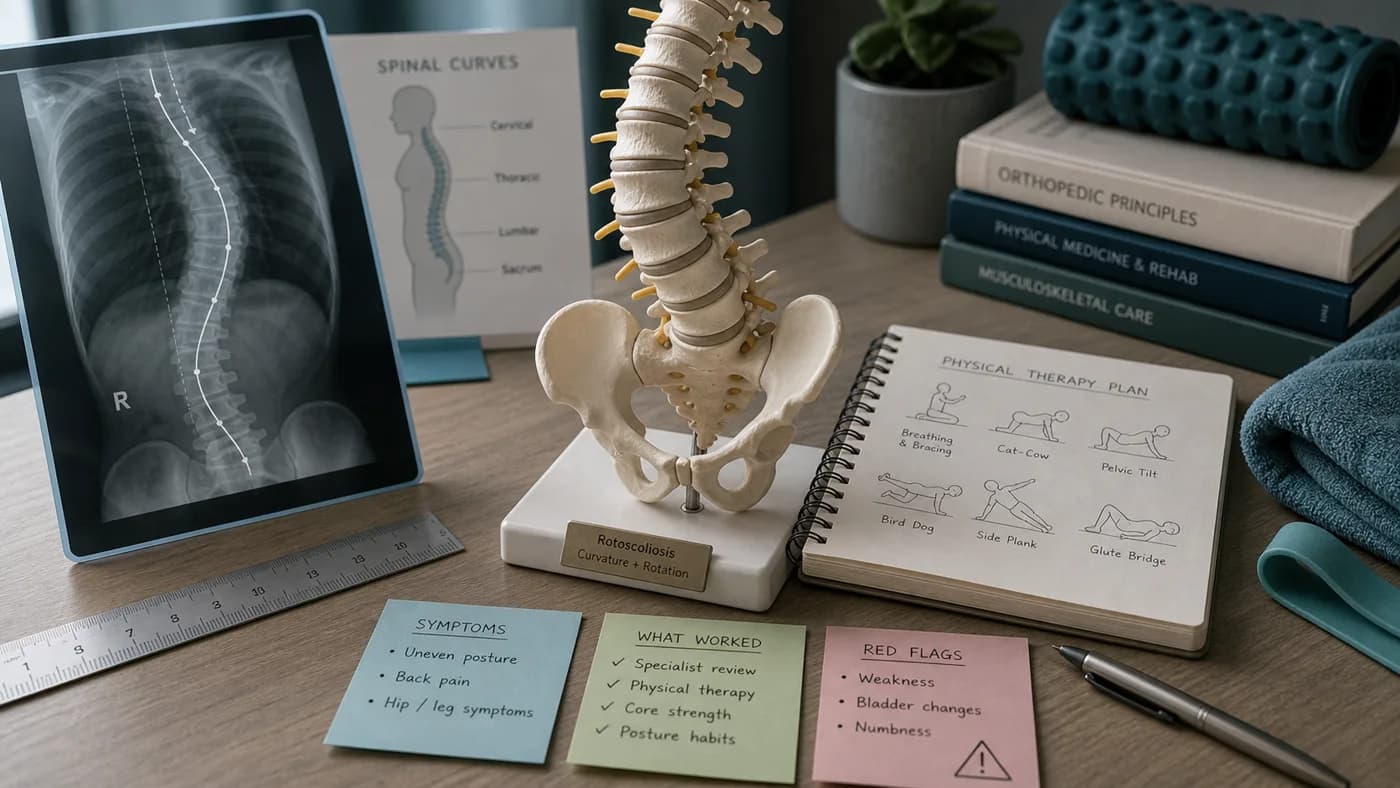 Close-up cinematic rotoscoliosis health image with a curved spine teaching model, x-ray style spine sheet, physical therapy plan, and notes about posture, back pain, core strength, specialist review, and red flags