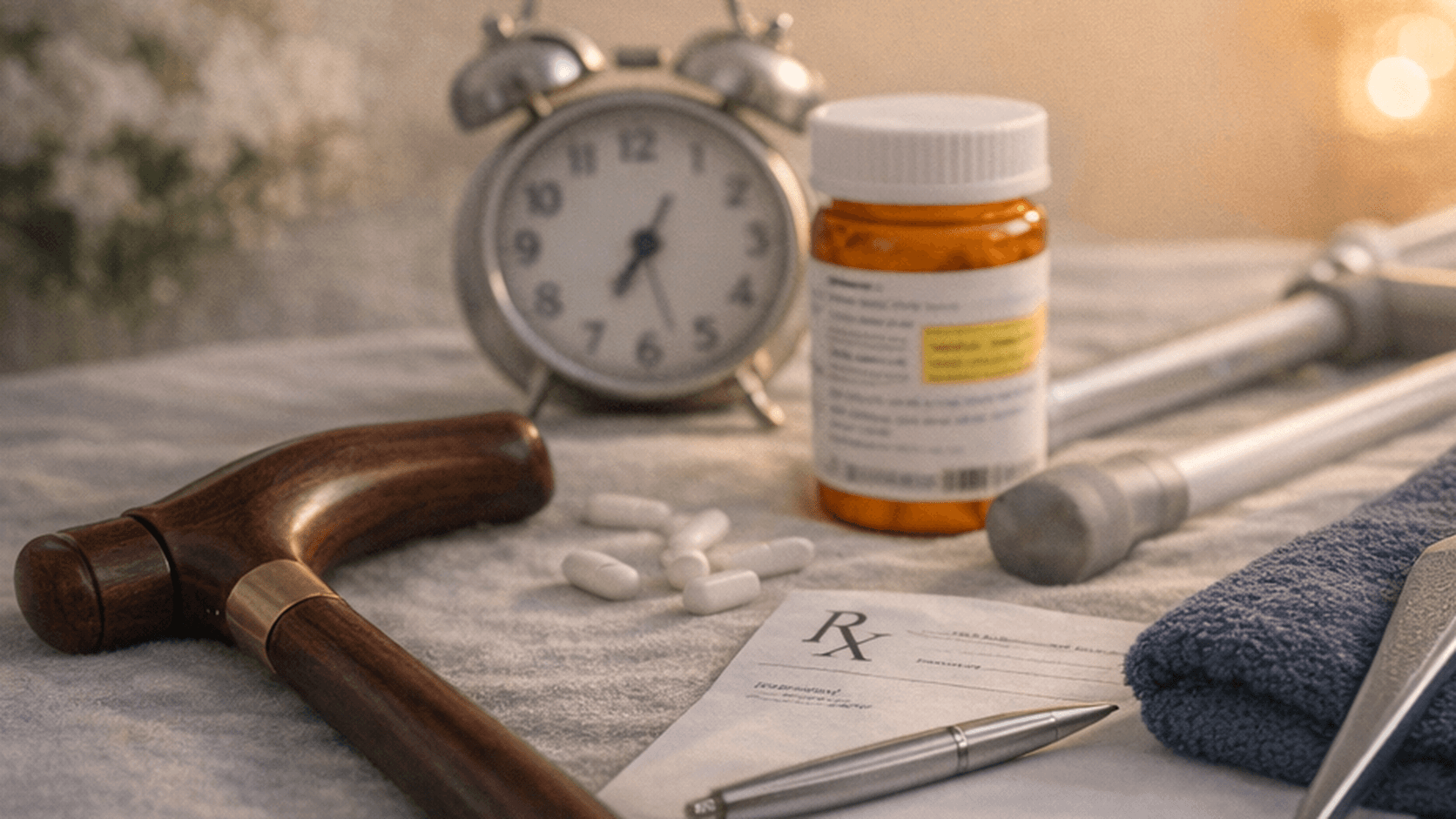 Home recovery tools after hip replacement including a cane, crutches, medication bottle, and prescription paperwork
