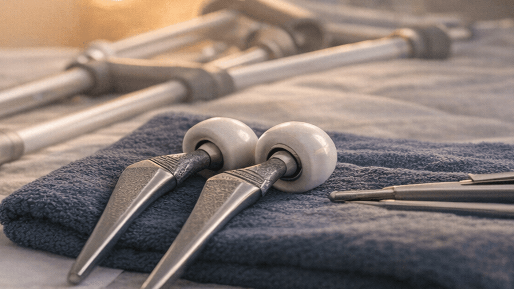 Close-up of hip replacement implant components on a towel with crutches in the background