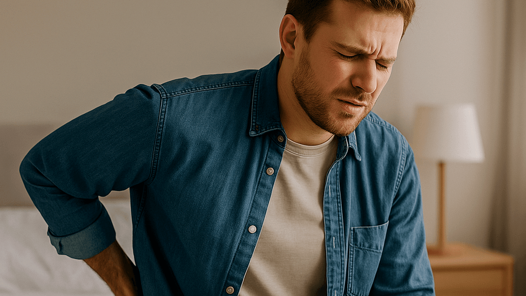 Man holding his side in pain, representing kidney stone flank pain and urgent symptom monitoring