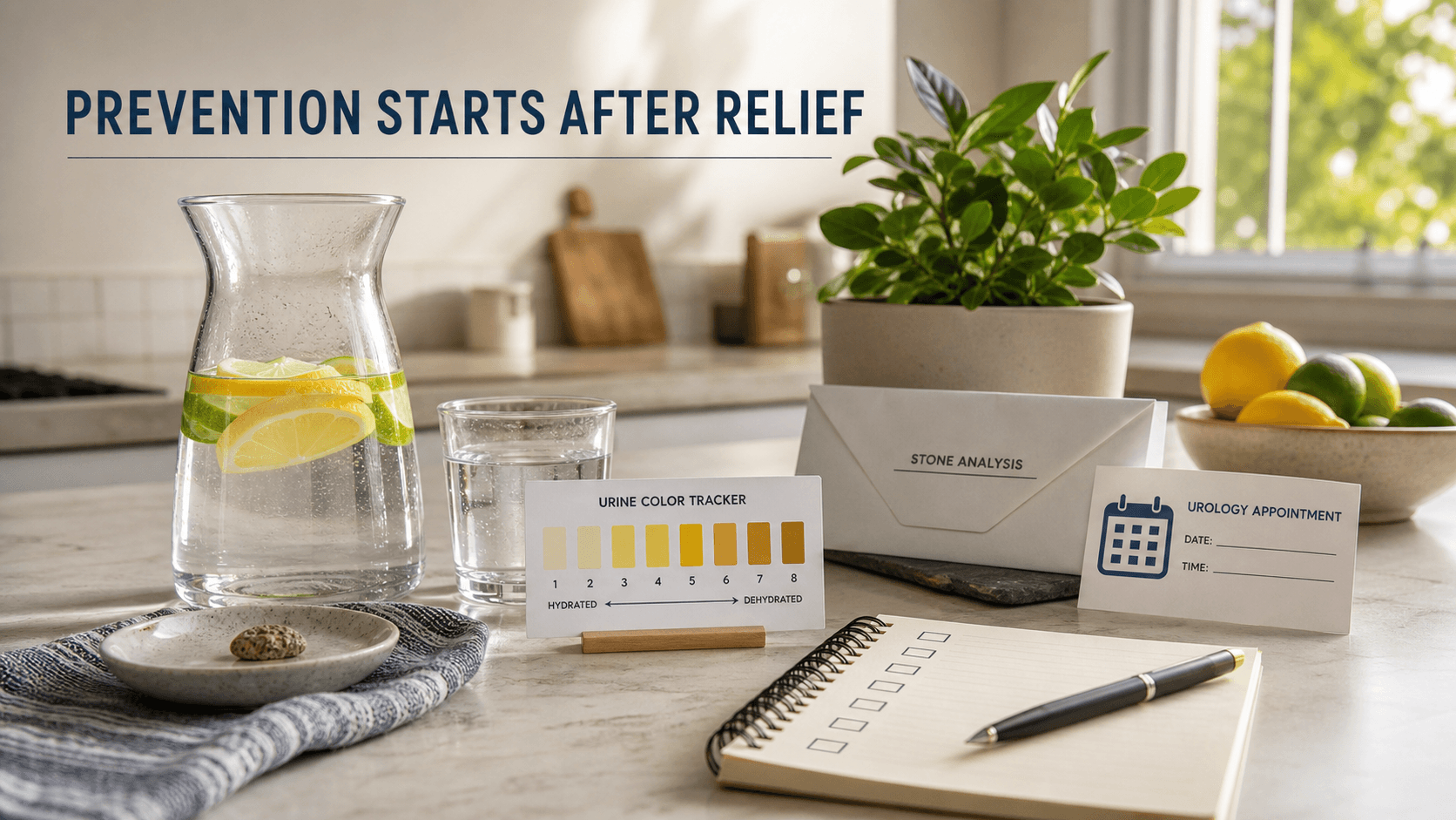 Water carafe, urine color tracking card, stone analysis envelope, and urology appointment card representing kidney stone follow-up and recurrence prevention