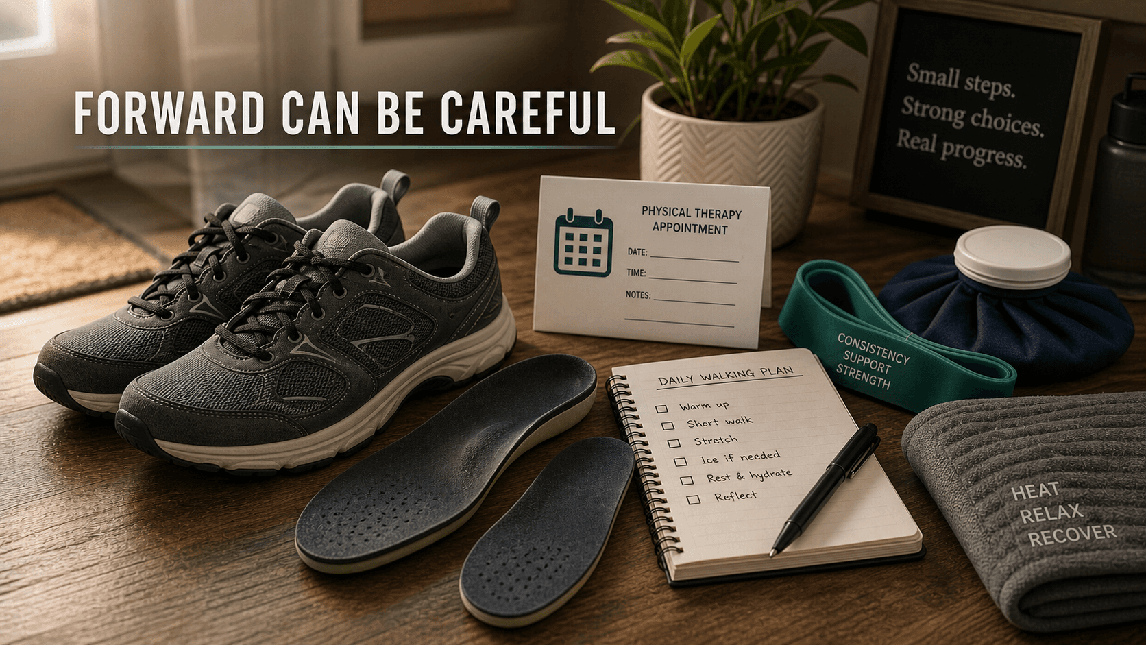 Supportive walking shoes, orthotic inserts, therapy band, ice pack, heat wrap, and daily walking notebook representing careful conservative foot care