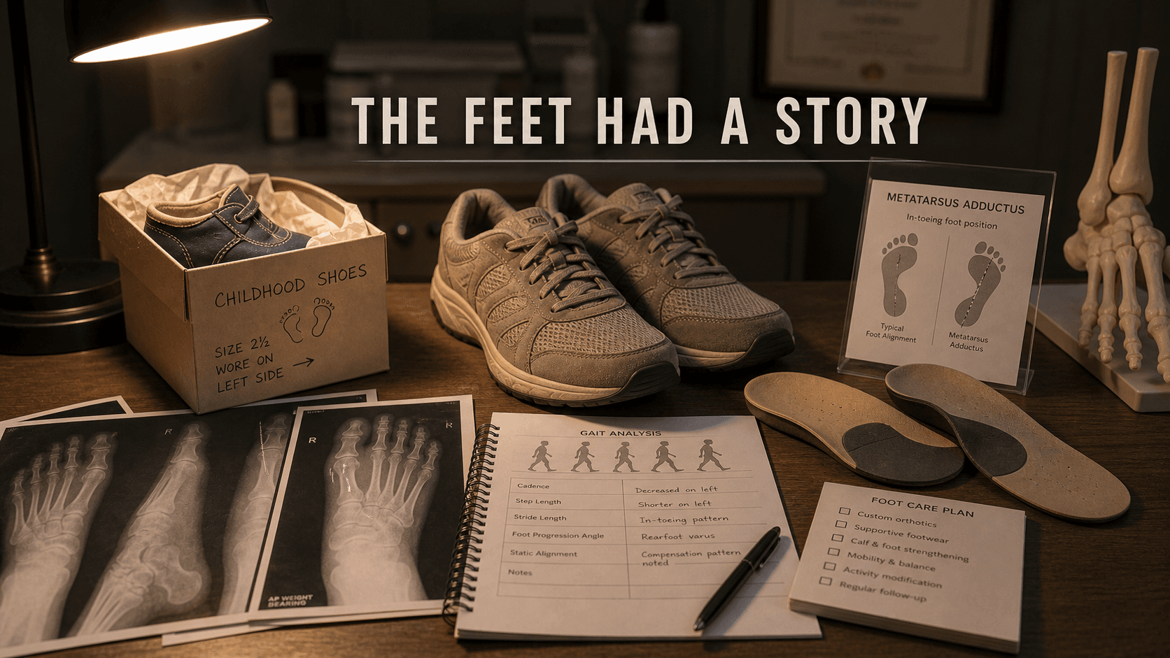 Podiatry desk with foot X-rays, supportive shoes, orthotic inserts, gait analysis notes, and childhood shoe box representing late recognition of metatarsus adductus