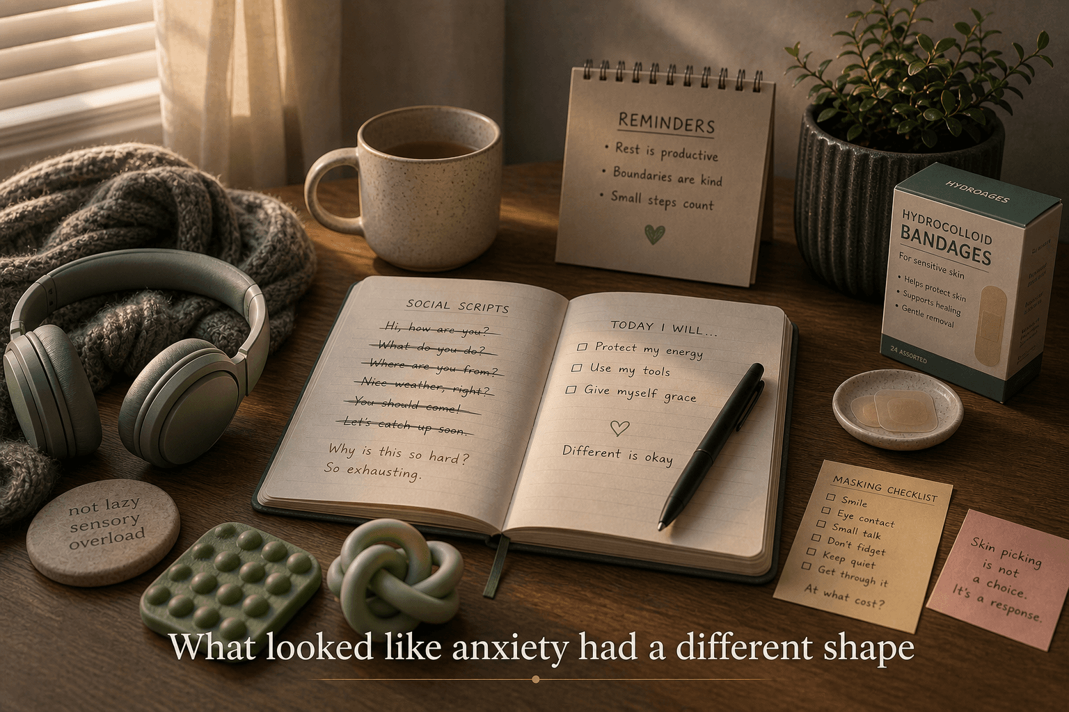 Desk with headphones, notebook of social scripts, sensory tools, and skin care bandages representing masking, overload, and skin picking