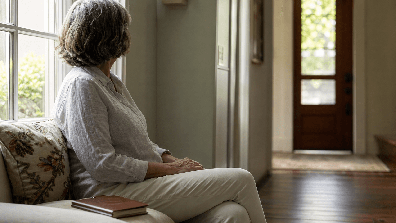Calm adult sitting by a window with a journal, representing confidence after bladder training