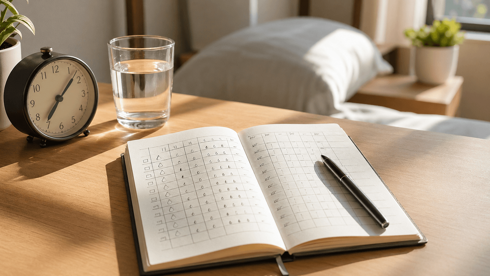 Bladder diary with water glass, clock, and pen used for tracking urinary urgency patterns