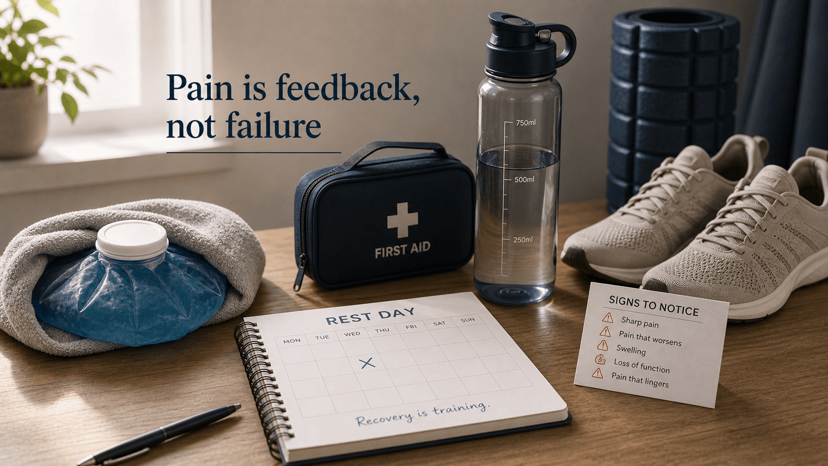 Ice pack, first aid kit, rest-day calendar, water bottle, foam roller, and warning-sign card representing recovery after movement training