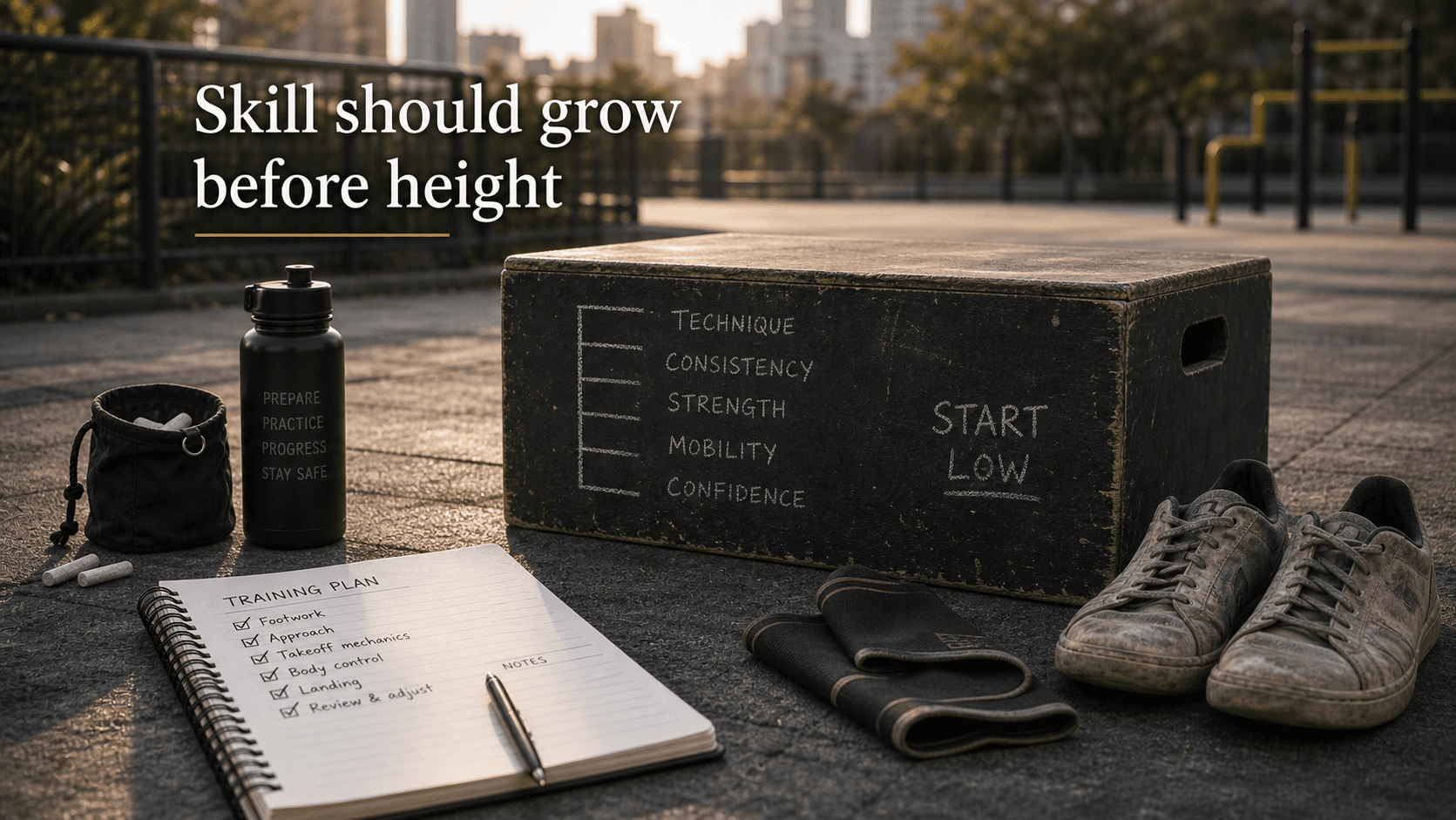 Low parkour training box, chalk marks, shoes, notebook, and ankle support representing safe progression before height