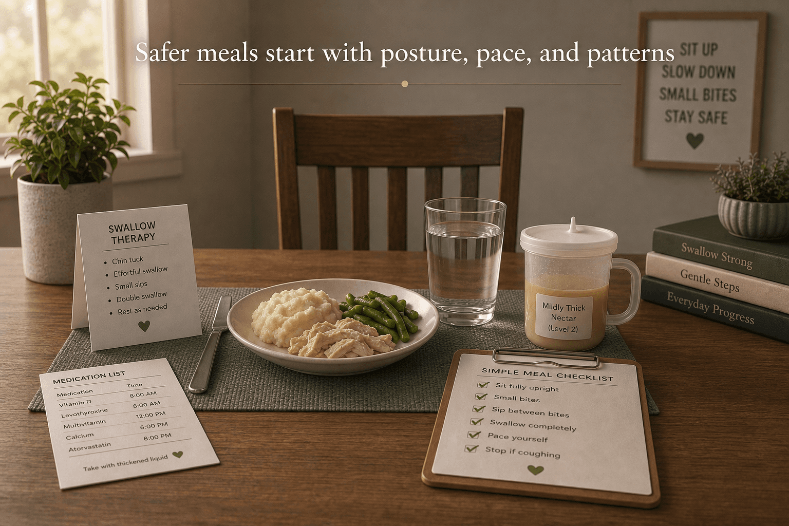 Upright meal setup with swallow therapy note, checklist, and thickened liquid showing safer swallowing habits