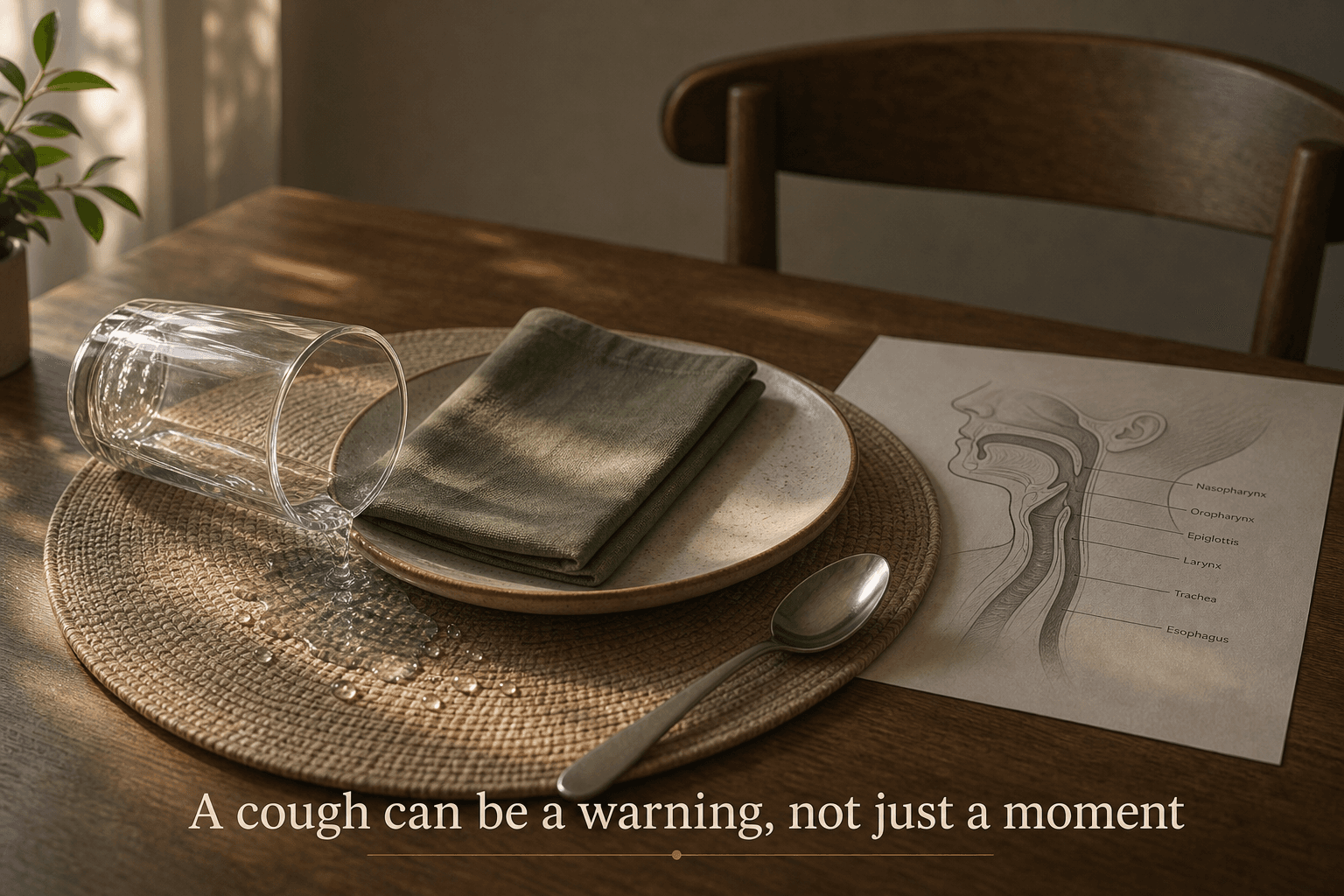 Tipped glass of water beside a plate and airway anatomy sketch showing that a coughing episode can be a swallowing warning sign