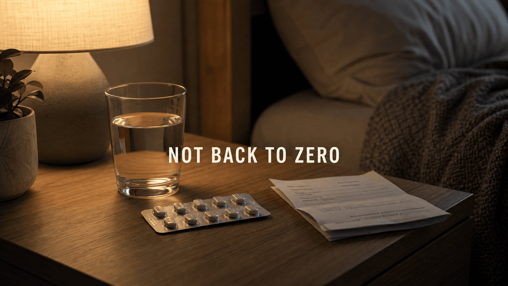 Bedside table with sealed medication strip, prescription paper, water glass, and warm lamp light representing fear of restarting anxiety medication without being back at zero