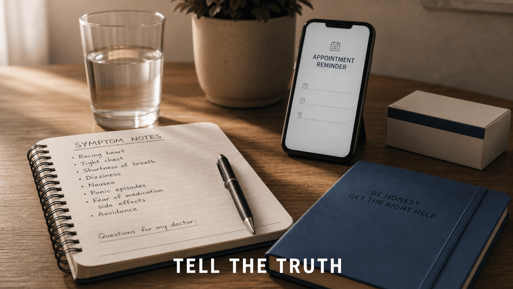 Symptom notes notebook, appointment reminder phone, water glass, and closed medicine box representing honest conversation with a clinician about anxiety medication fear