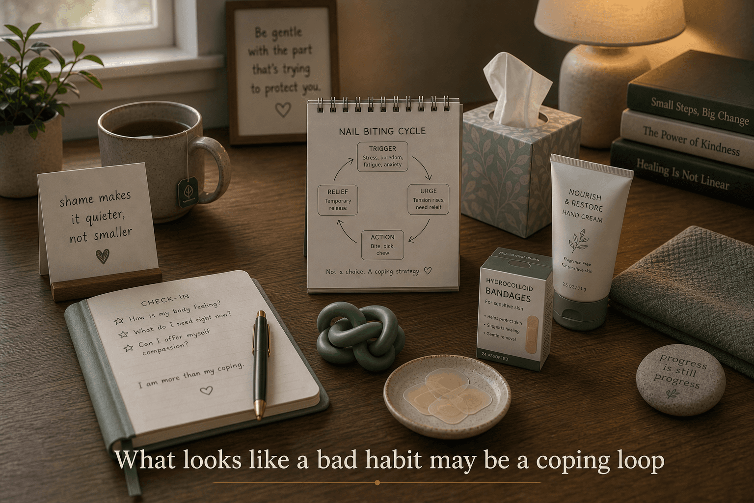 Quiet desk with bitten nails chart, bandages, fidget tools, and skin care items representing a coping loop rather than a simple bad habit