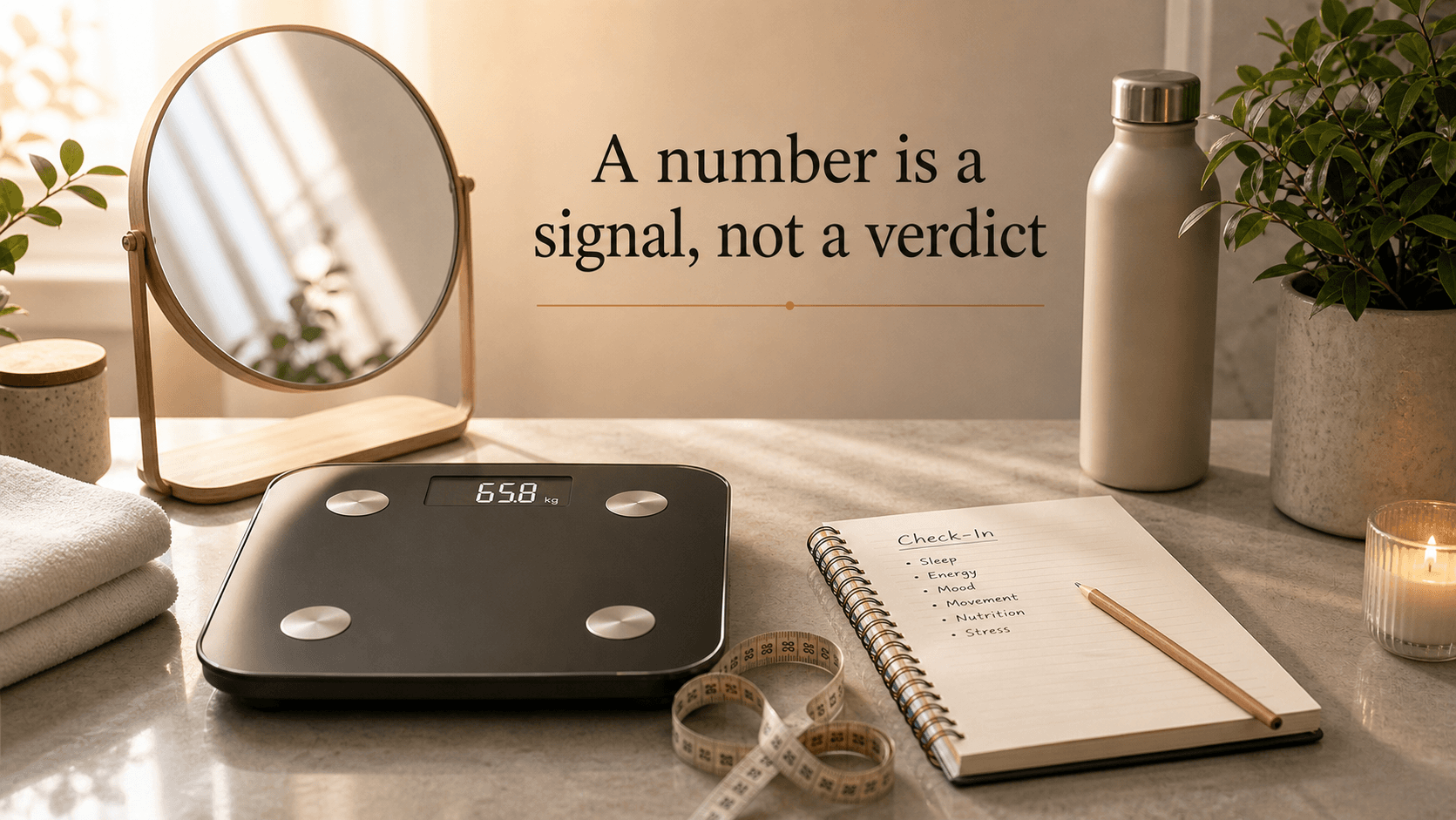 Scale, measuring tape, notebook, and mirror with the text a number is a signal not a verdict, representing body-composition measurement limits