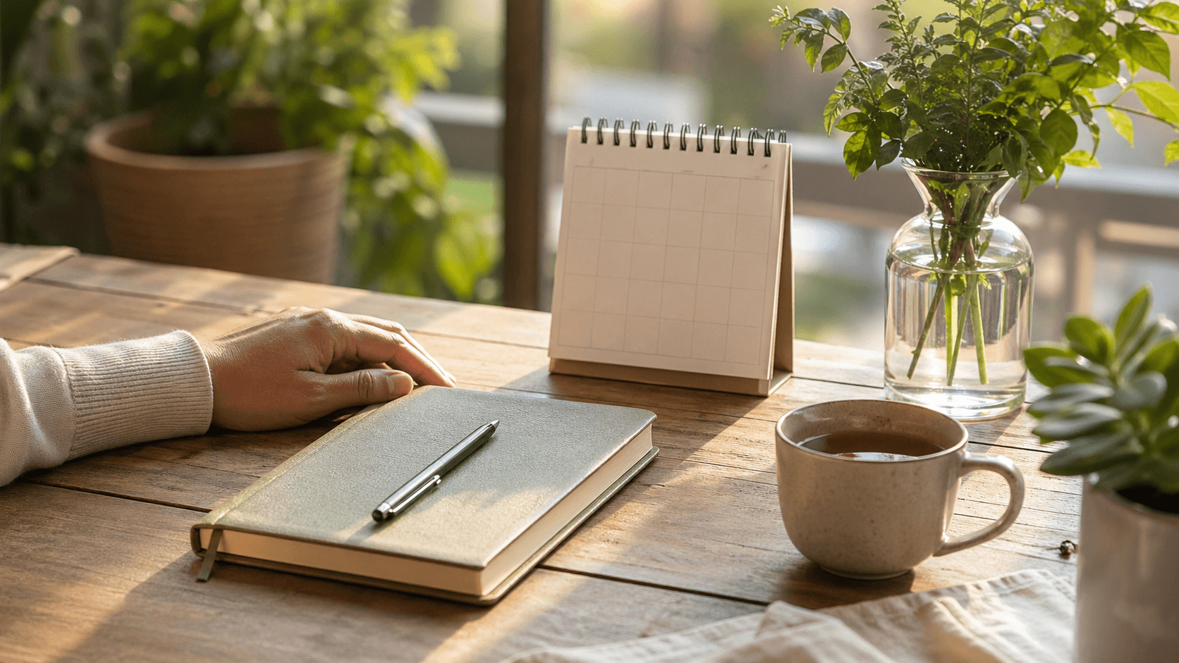 Journal, tea, and calendar in morning light representing cautious hope after cancer treatment