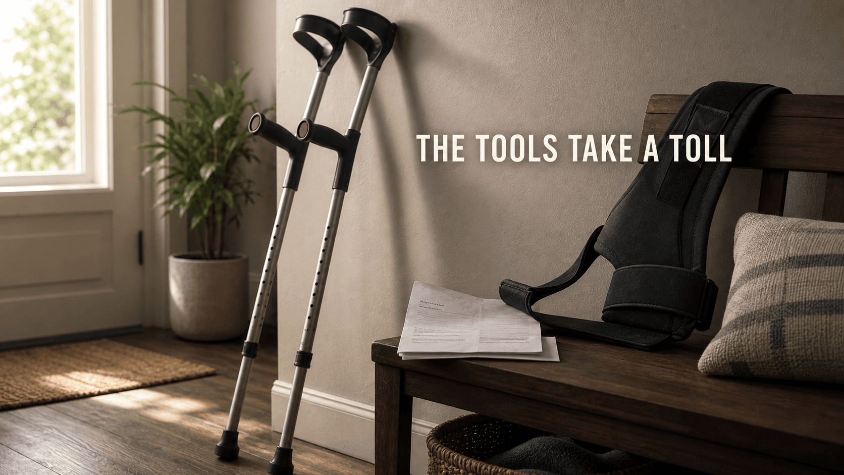 Forearm crutches, shoulder brace, and appointment papers in a quiet entryway showing the hidden shoulder strain of long-term mobility aid use
