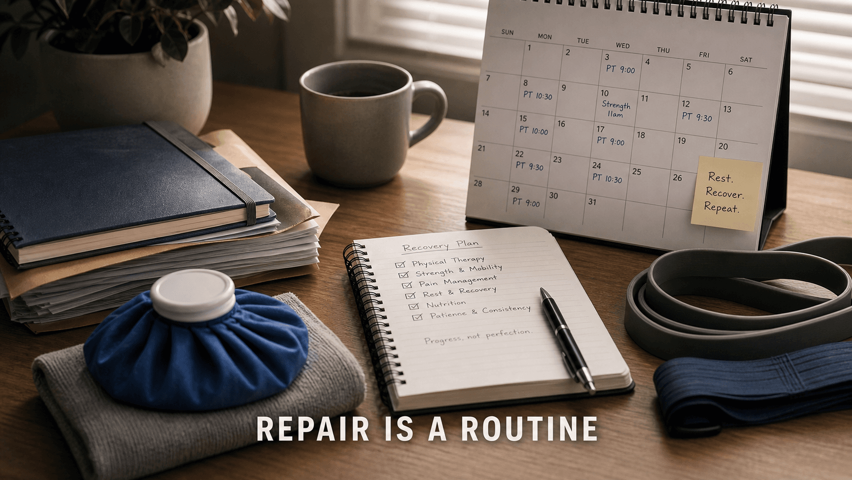 Recovery calendar, therapy bands, ice pack, medical folders, and notebook showing how repeated surgery and chronic injury turn repair into a routine