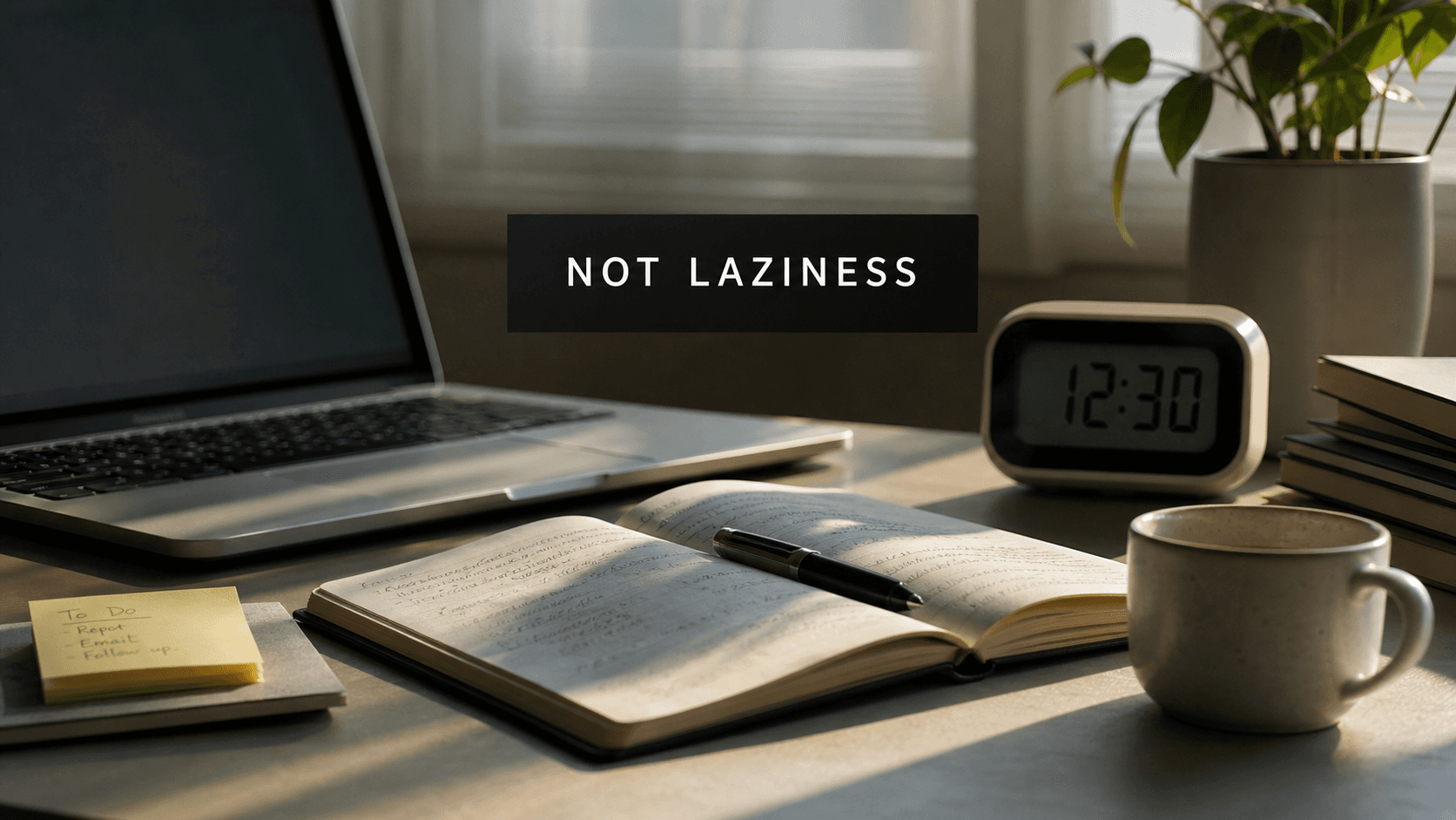 Quiet work desk with laptop, notebook, coffee cup, and midday clock representing unexplained daytime sleepiness being mistaken for laziness