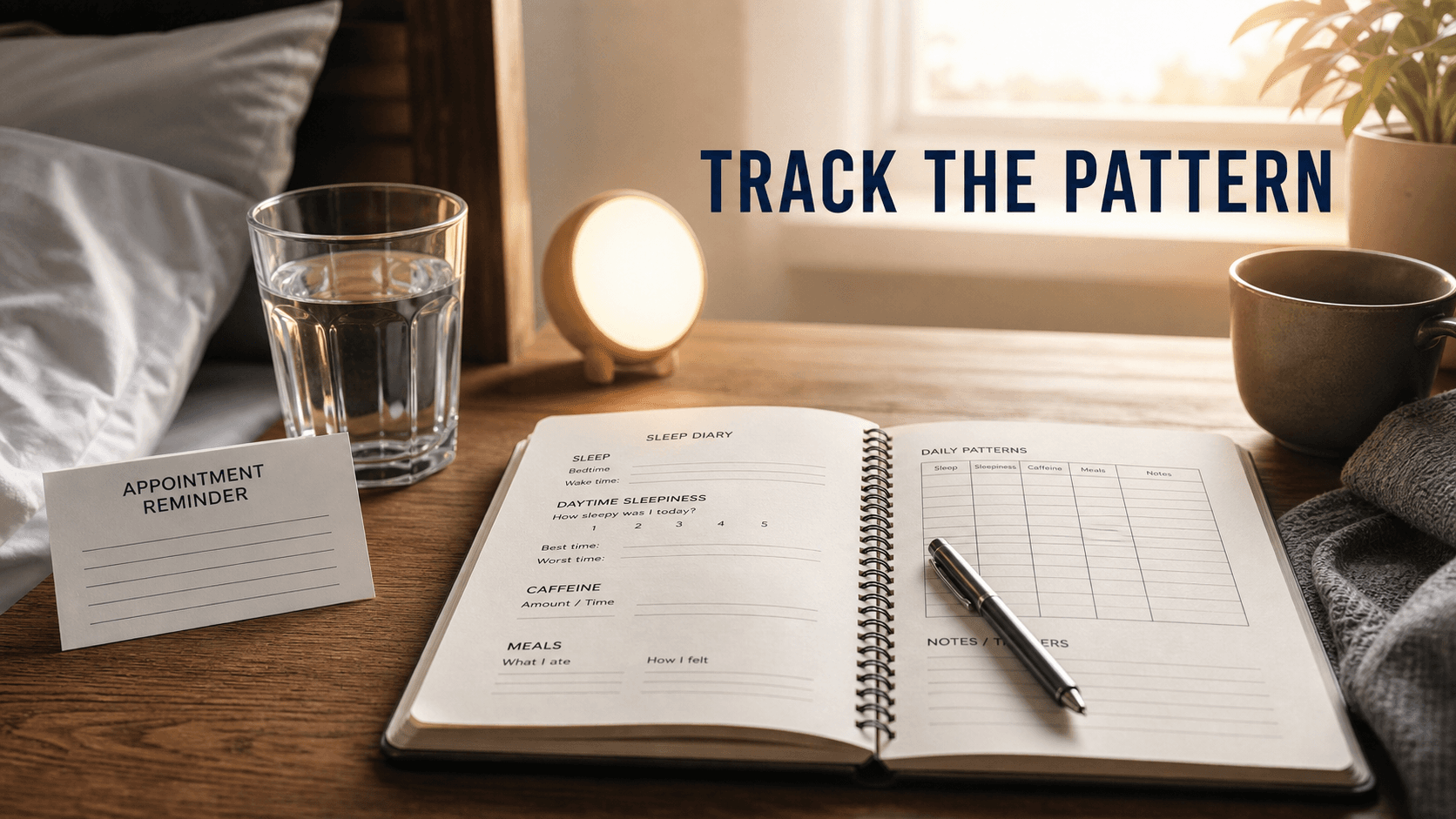 Sleep diary, water glass, appointment reminder, and morning light representing tracking daytime sleepiness patterns before medical evaluation