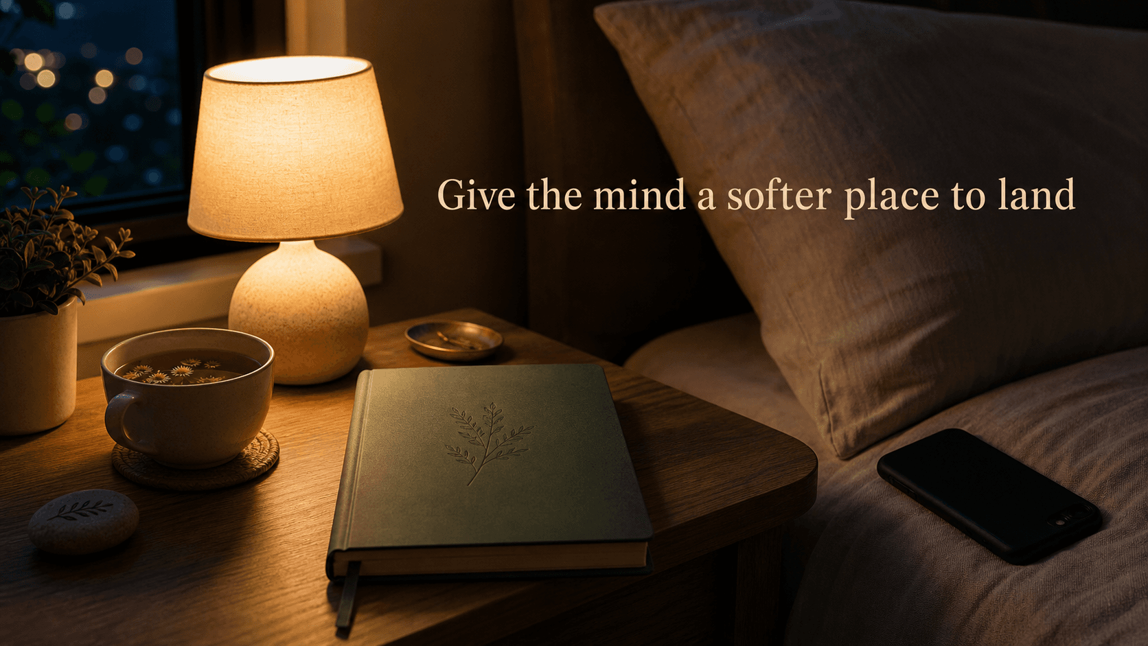 Warm bedside table with a lamp, journal, tea, and phone placed aside, representing a calmer nighttime routine for worry and sleep