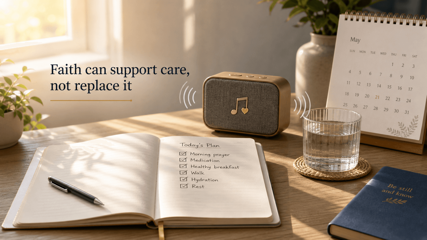 Morning desk with a notebook, checklist, speaker, water, and calendar representing faith as support alongside practical care