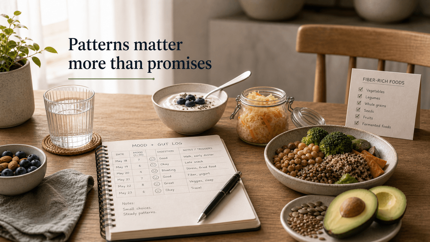 Kitchen table with yogurt, fermented vegetables, fiber-rich foods, water, and a mood plus gut log representing cautious gut-brain tracking