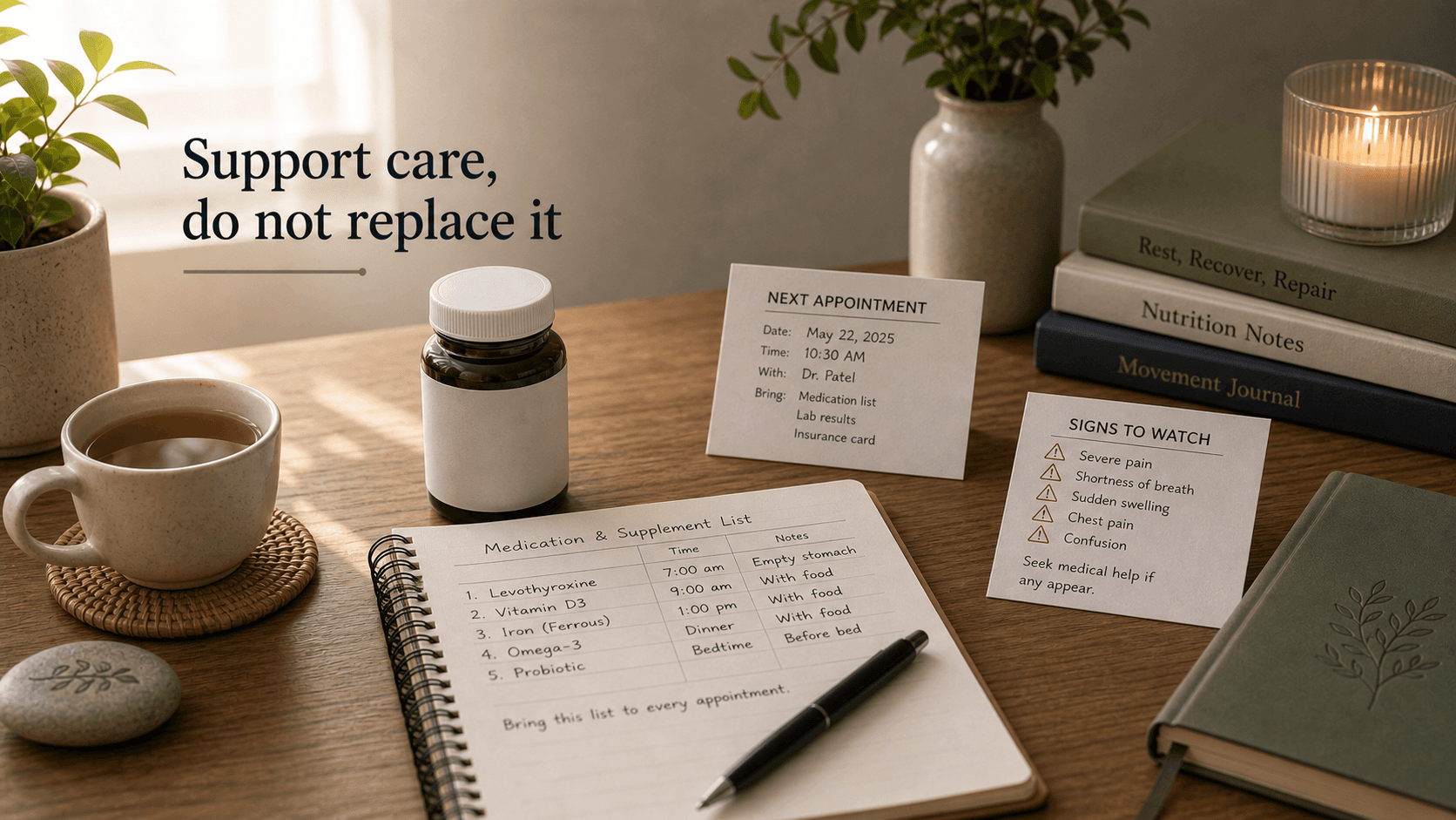 Desk with probiotic bottle without branding, medication and supplement list, appointment card, journal, tea, and warning-sign note representing gut support beside medical care
