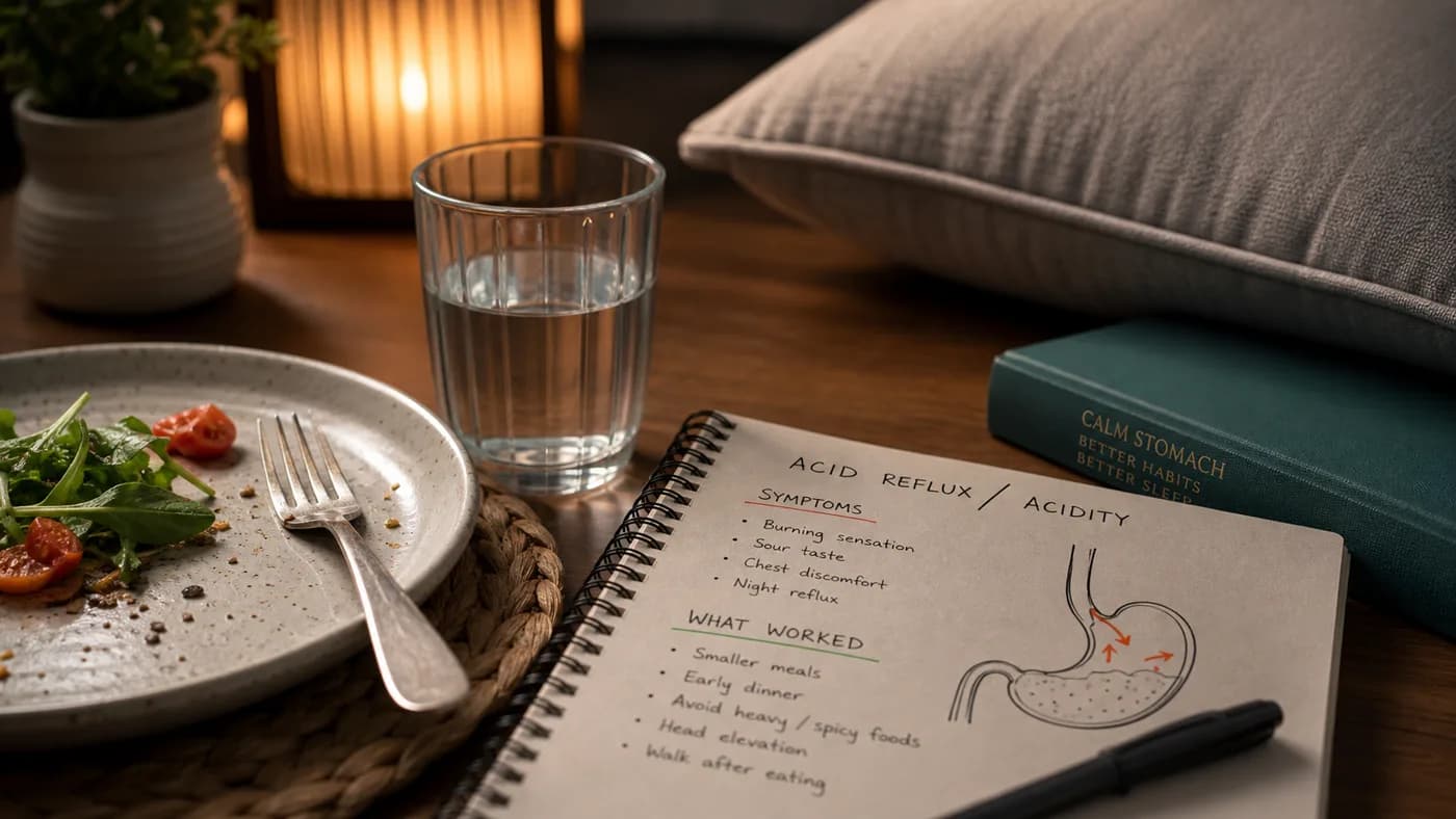 Cinematic acidity health topic image with reflux notes, water, meal timing, and head elevation cues
