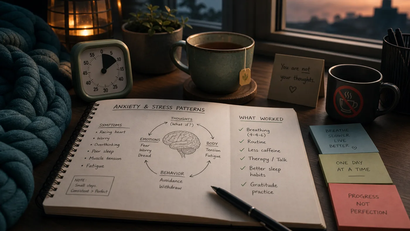 Cinematic anxiety health topic image with stress notes, timer, tea, routine, breathing, caffeine, and sleep cues