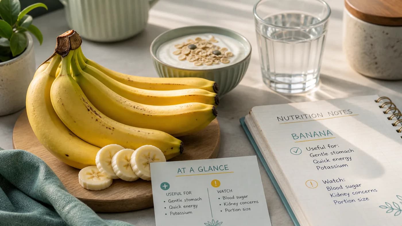 Cinematic banana health topic image with ripe bananas, yogurt or oats, water, potassium, gentle stomach, blood sugar, and portion cues