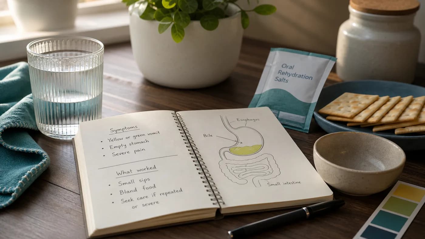 Cinematic bile vomiting health topic image with hydration, bland food, digestive notes, and repeated-symptom warning cues
