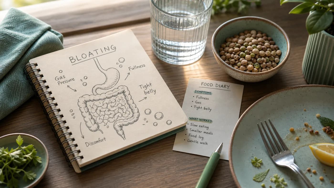 Cinematic bloating health topic image with digestive notes, food diary, slow eating, smaller meals, and gentle walking cues