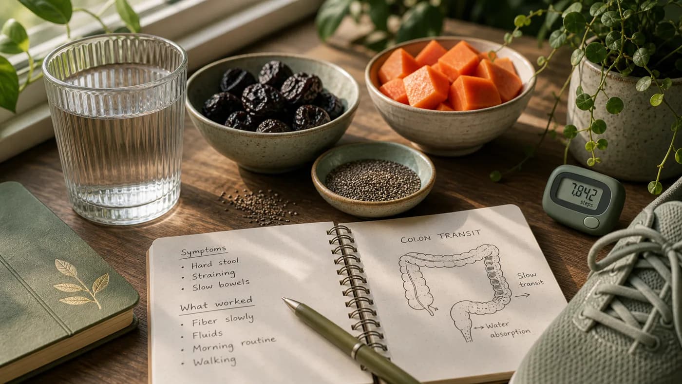 Cinematic constipation health topic image with water, fiber foods, colon transit notes, morning routine, and walking cues