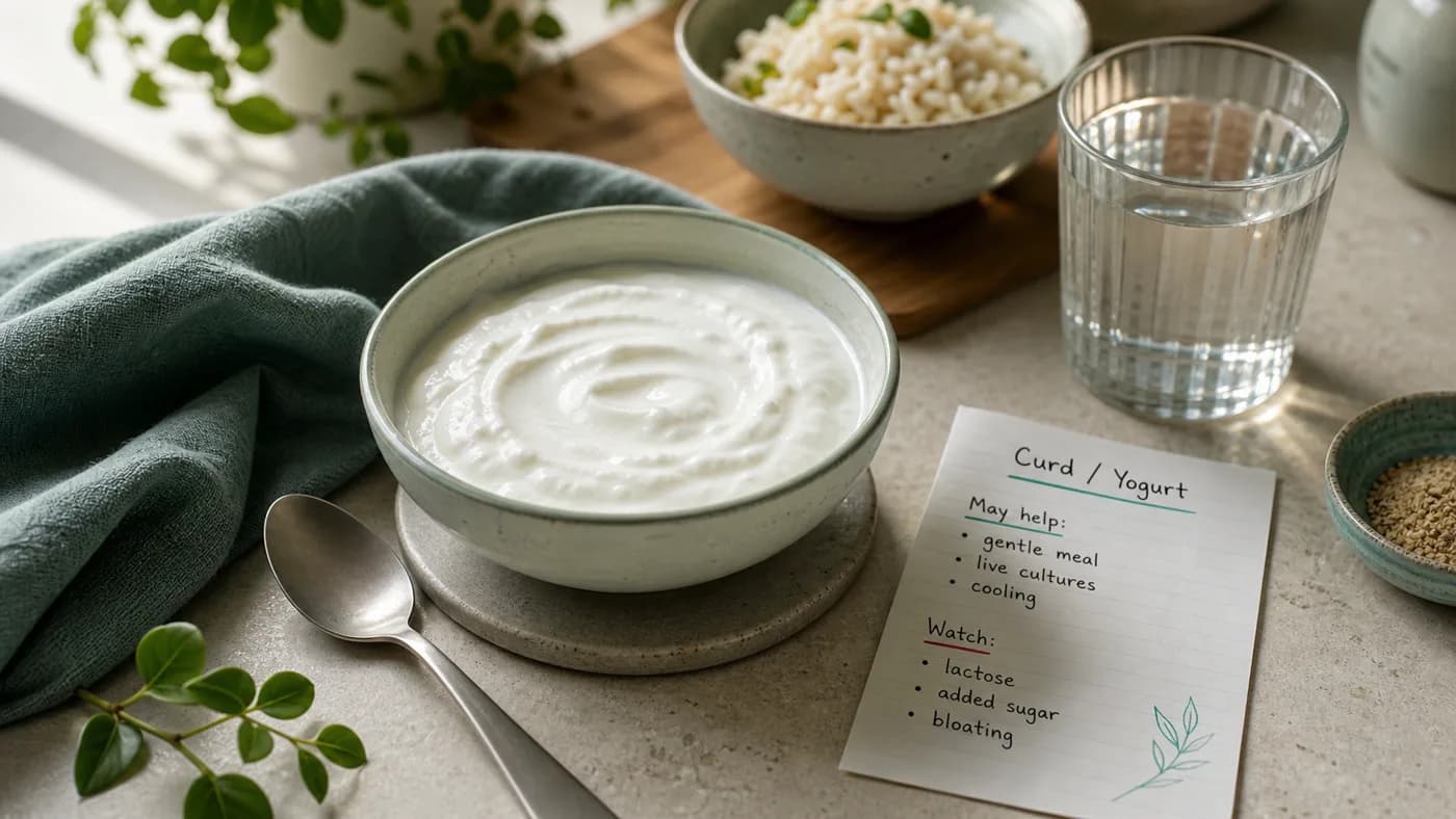 Cinematic curd health topic image with plain yogurt, rice or oats, water, live cultures, lactose, sugar, and bloating cues
