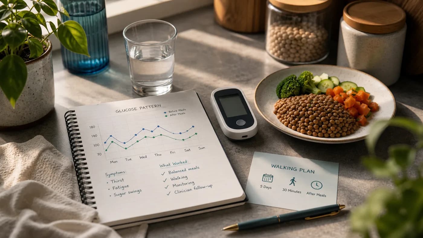 Cinematic diabetes health topic image with glucose tracking, balanced meal, walking, monitoring, and follow-up cues