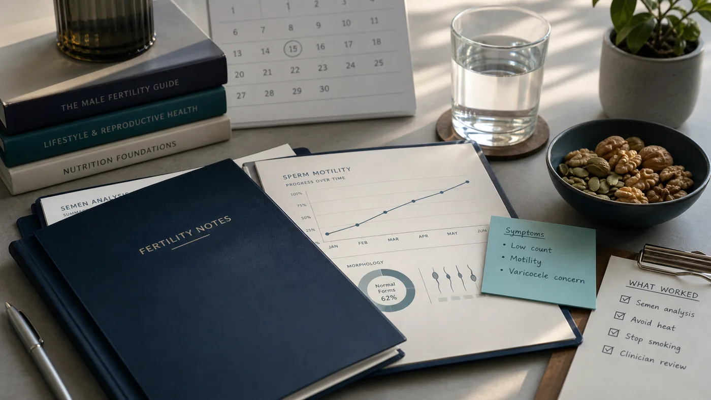 Cinematic male fertility health topic image with lab report, motility chart, calendar, nutrition, heat avoidance, and clinician review cues