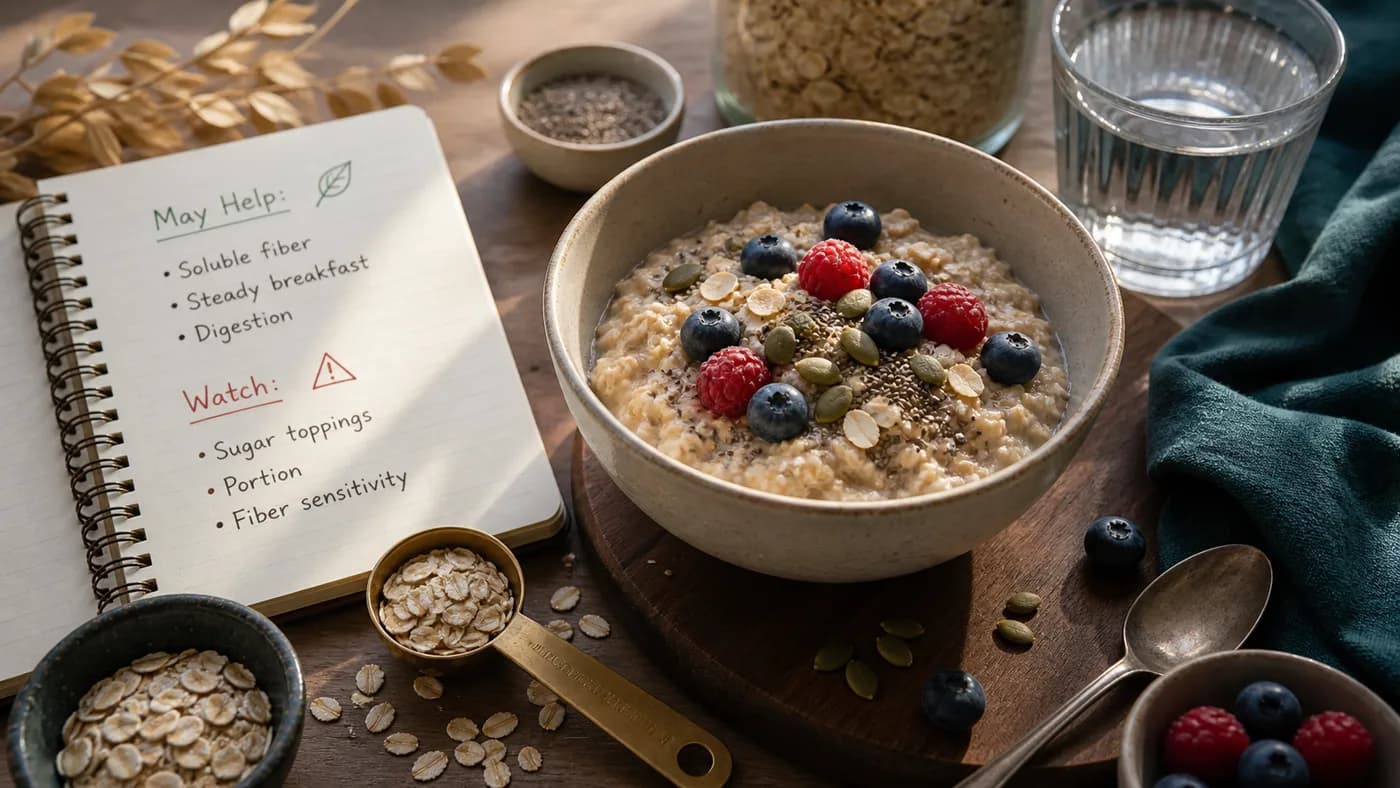 Cinematic oats health topic image with oatmeal, seeds, berries, soluble fiber, steady breakfast, digestion, portion, and sugar topping cues
