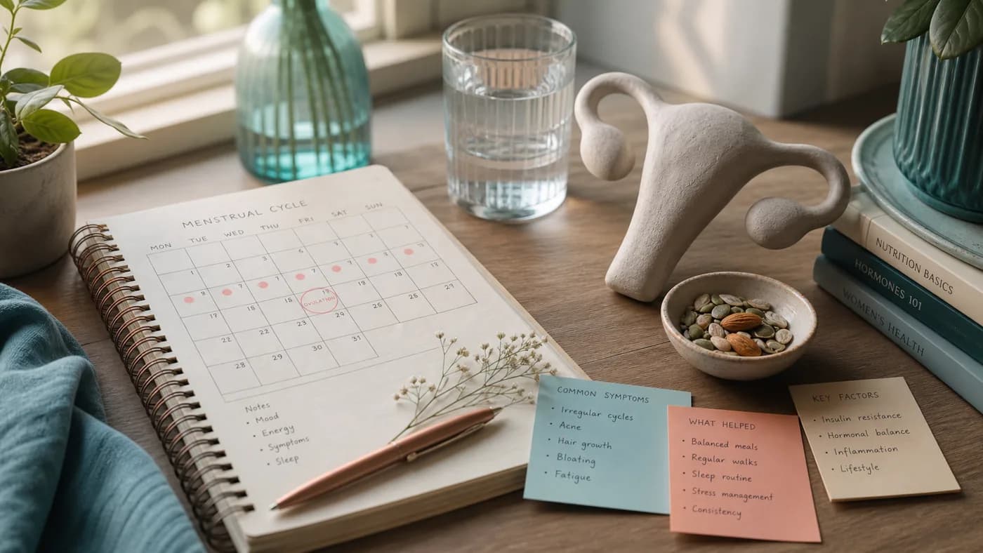Cinematic PCOS health topic image with a menstrual cycle tracker, wellness notes, water glass, and nutrition objects
